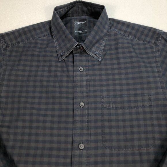 Zegna Sport Black Watch Shirt Men's M Black Brown Gingham Plaid Twisted‎ Cotton - Picture 5 of 16
